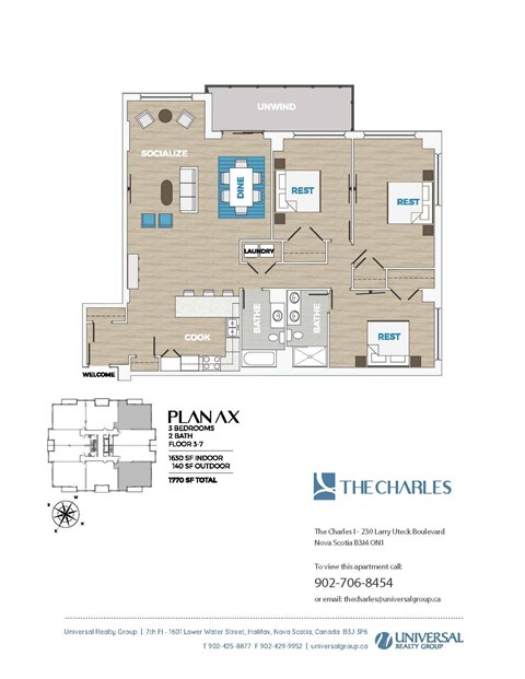 A floor plan for a 3 bedroom, 2 bathroom apartment.